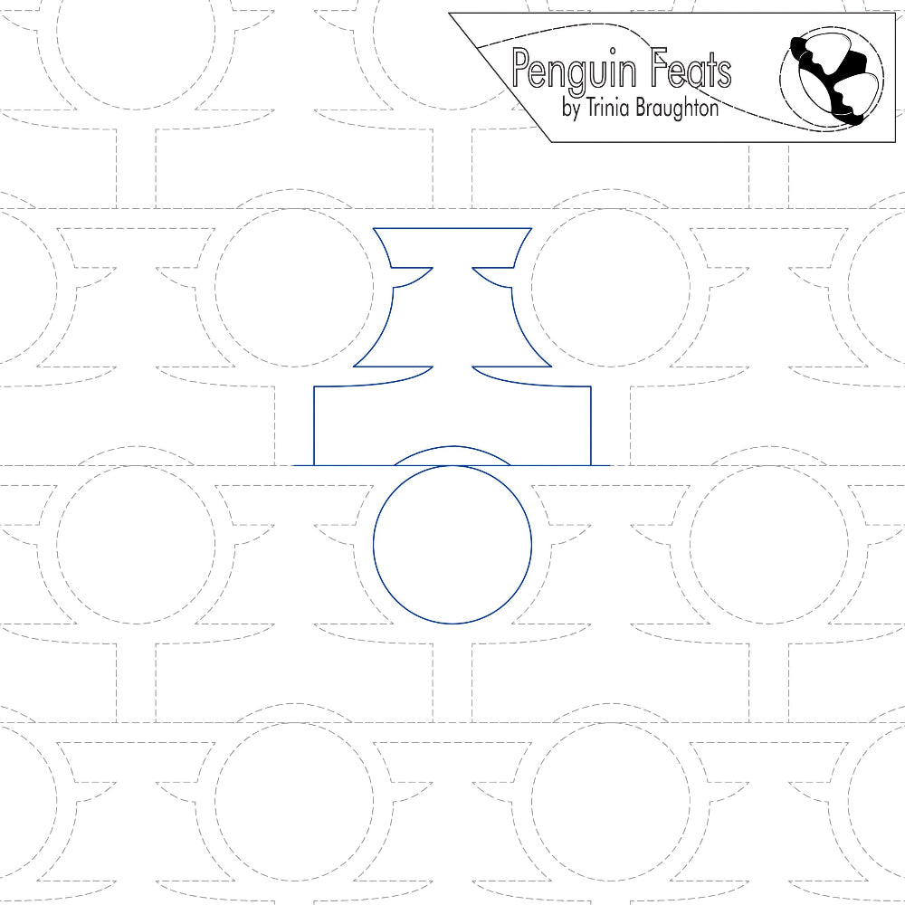 Quilting design with geometric shapes and 'Penguin Feats' branding.