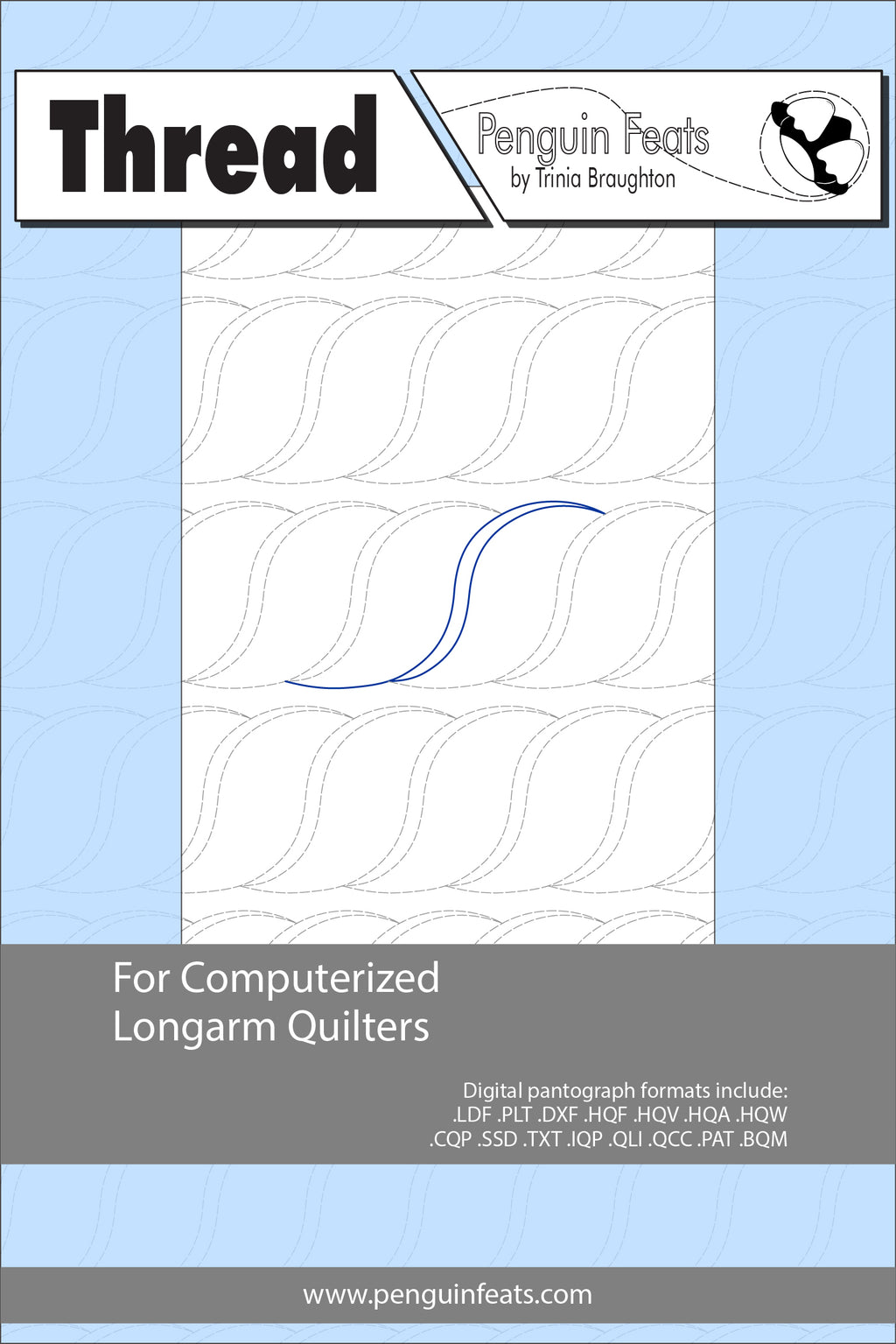 Pattern sheet for computerized longarm design with a blue and gray design on a light blue background.