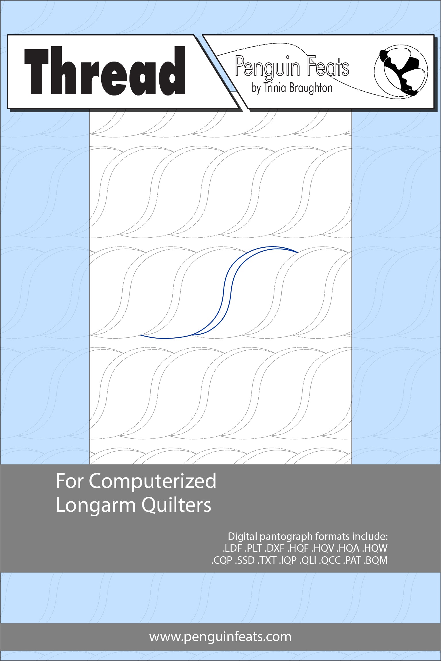 Pattern sheet for computerized longarm design with a blue and gray design on a light blue background.