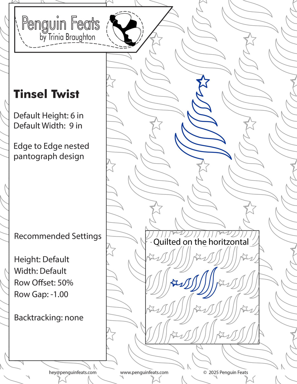 Design sheet for a Christmas tree pattern with text and branding