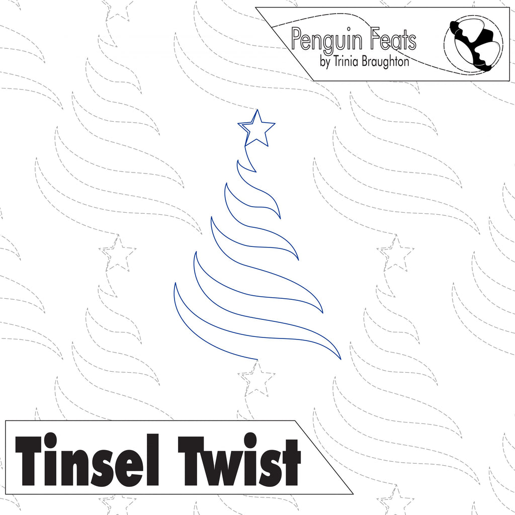 Outline of a Christmas tree with a star on top, labeled 'Tinsel Twist' by Penguin Feats.