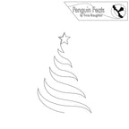 Black and white outline of a Christmas tree with a star on a white background, featuring the 'Penguin Feats' logo.
