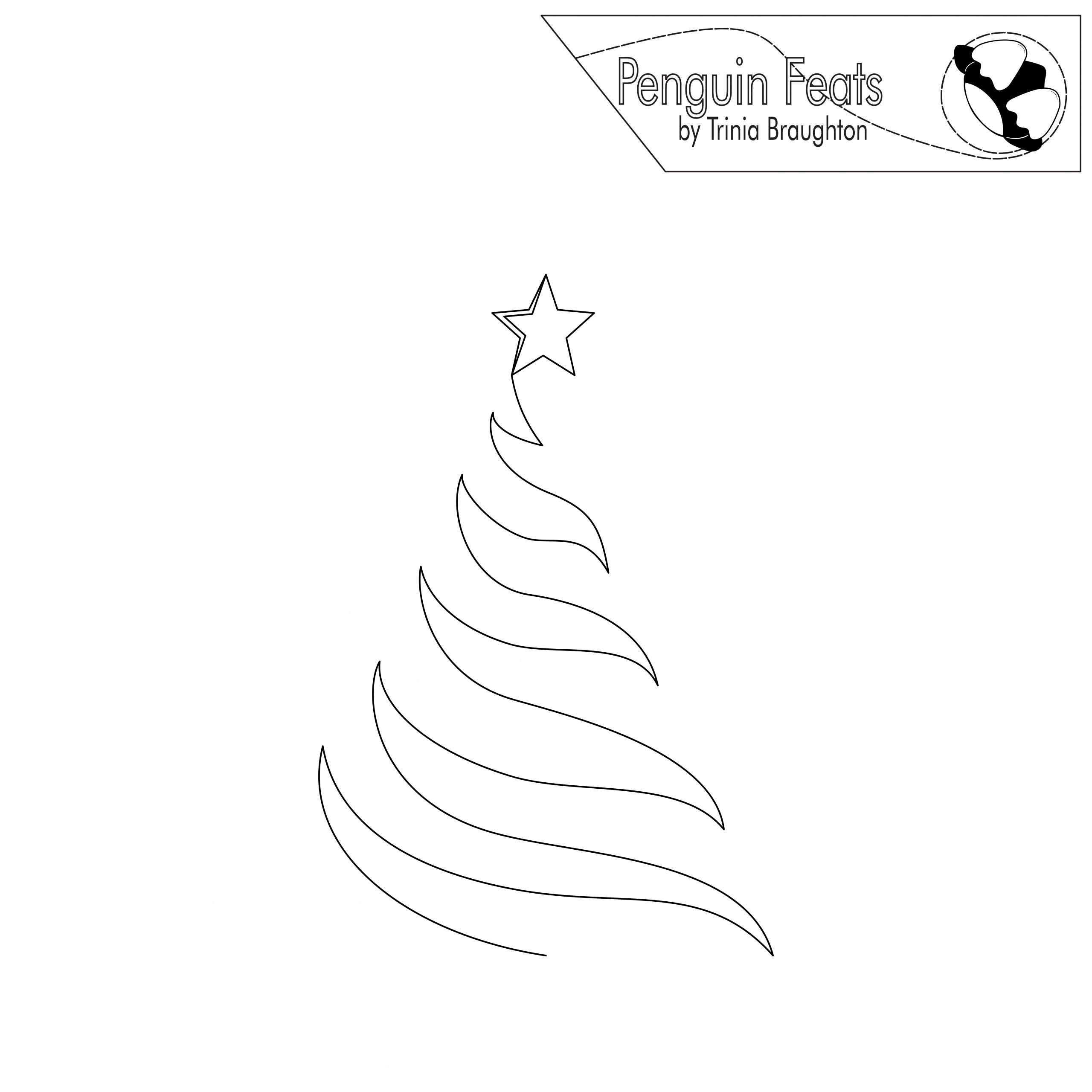 Black and white outline of a Christmas tree with a star on a white background, featuring the 'Penguin Feats' logo.
