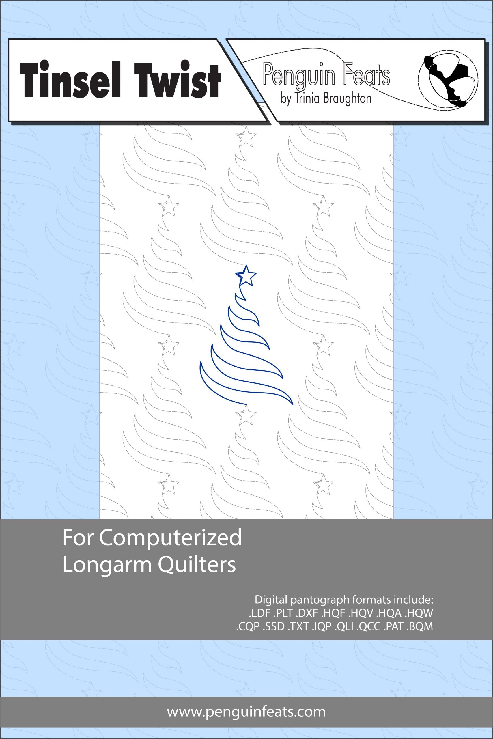 Design pattern for computerized longarm quilters with a Christmas tree and star on a white background.