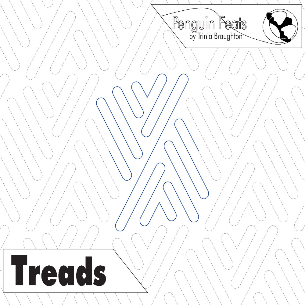 Pattern design labeled 'Treads' by Penguin Feats with a geometric pattern on a white background.