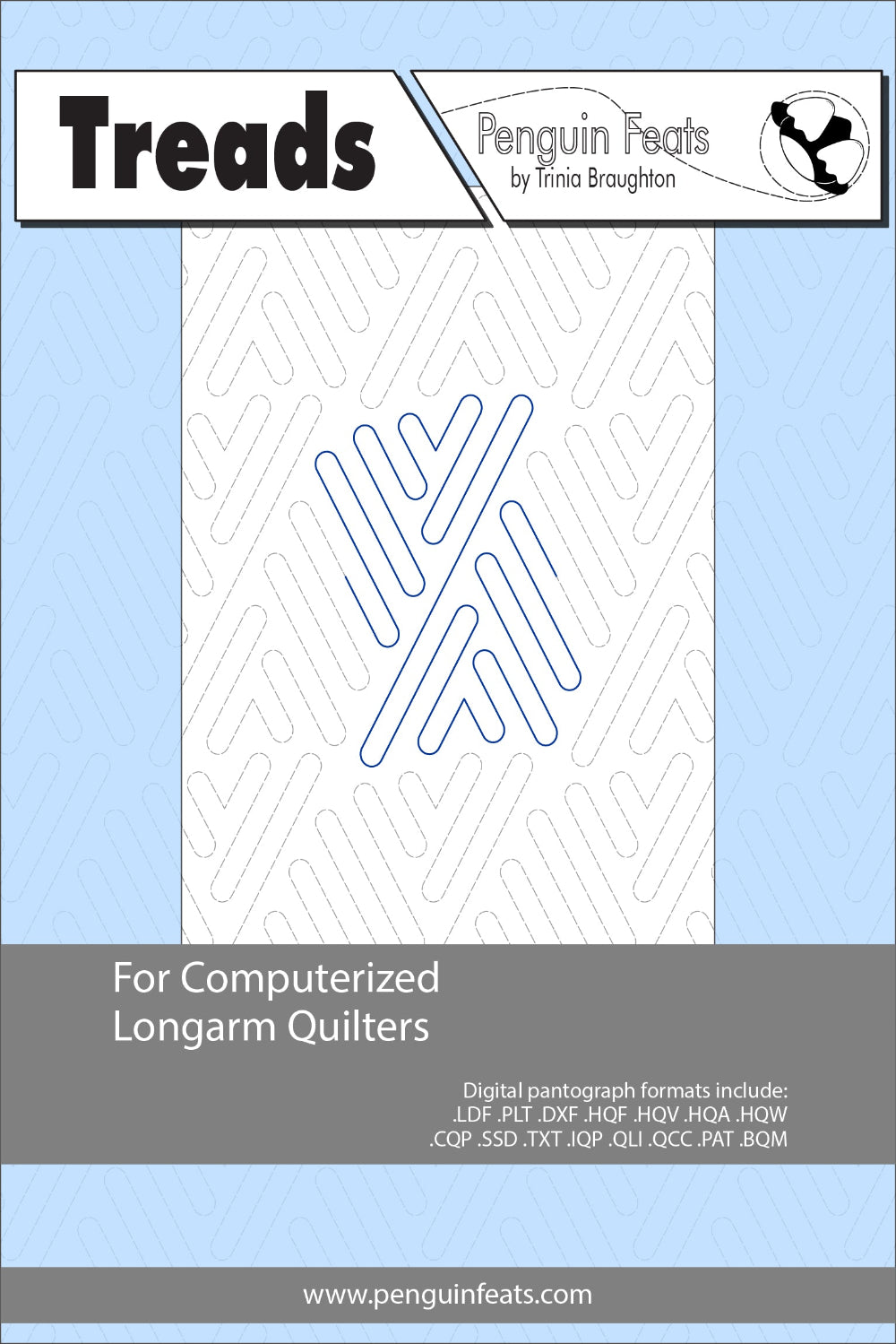 Treads design page for computerized longarm quilters with geometric design with Penguin Feats branding and title