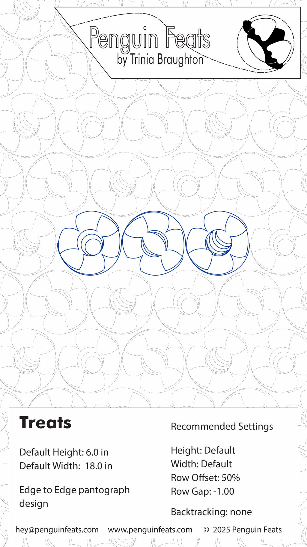 Design sheet for three treats with branding and technical specifications.