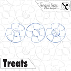 Design of propellers with 'Penguin Feats' branding and 'Treats' text on a patterned background.