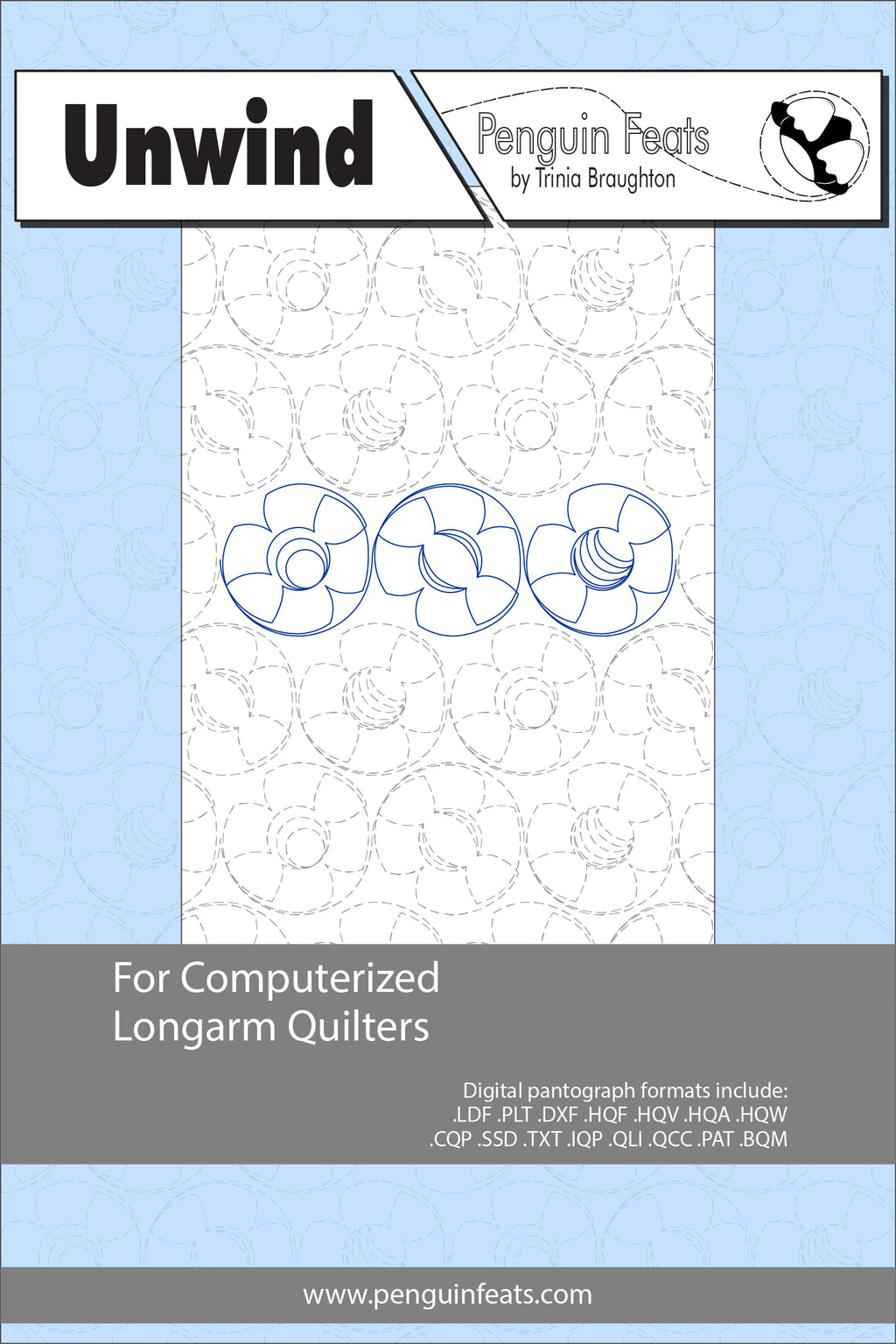 Pattern for computerized longarm quilters with blue lines on a white background