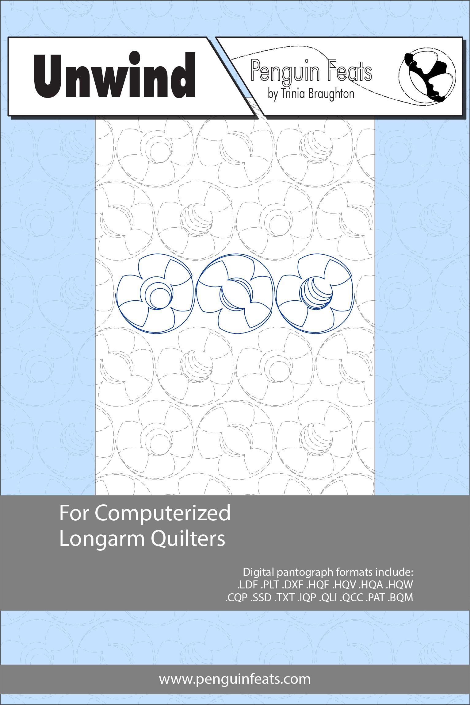 Pattern for computerized longarm quilters with blue lines on a white background