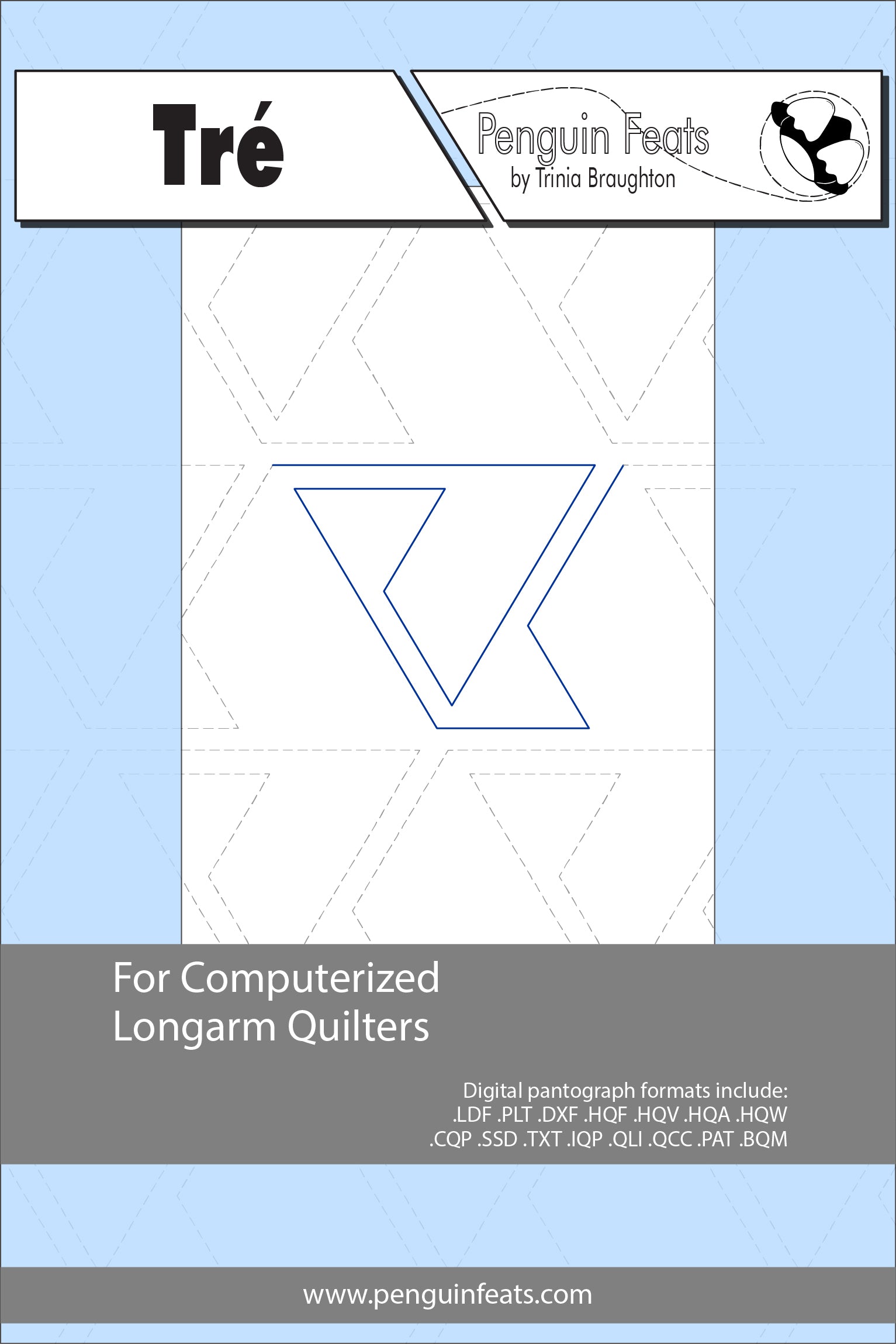 Pattern sheet with blue design on a white background, titled 'Tré' with 'Penguin Feats' branding.