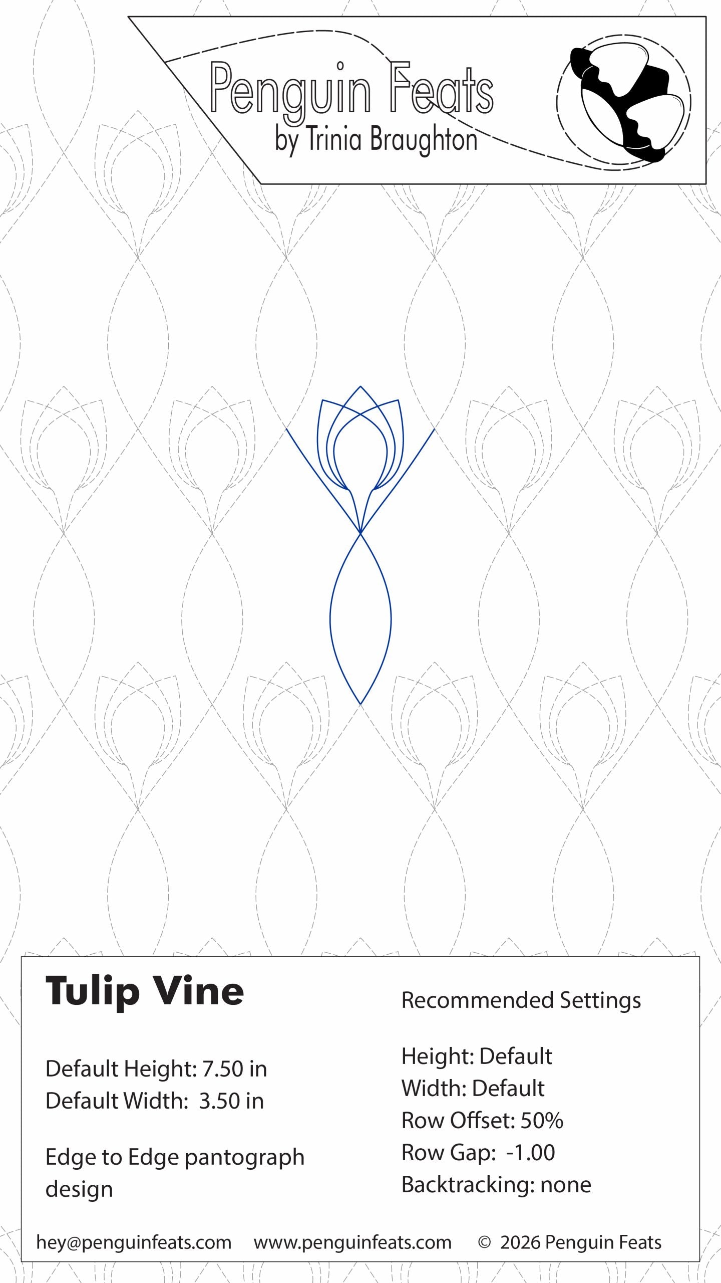 Design settings for a tulip vine pattern with branding at the top.