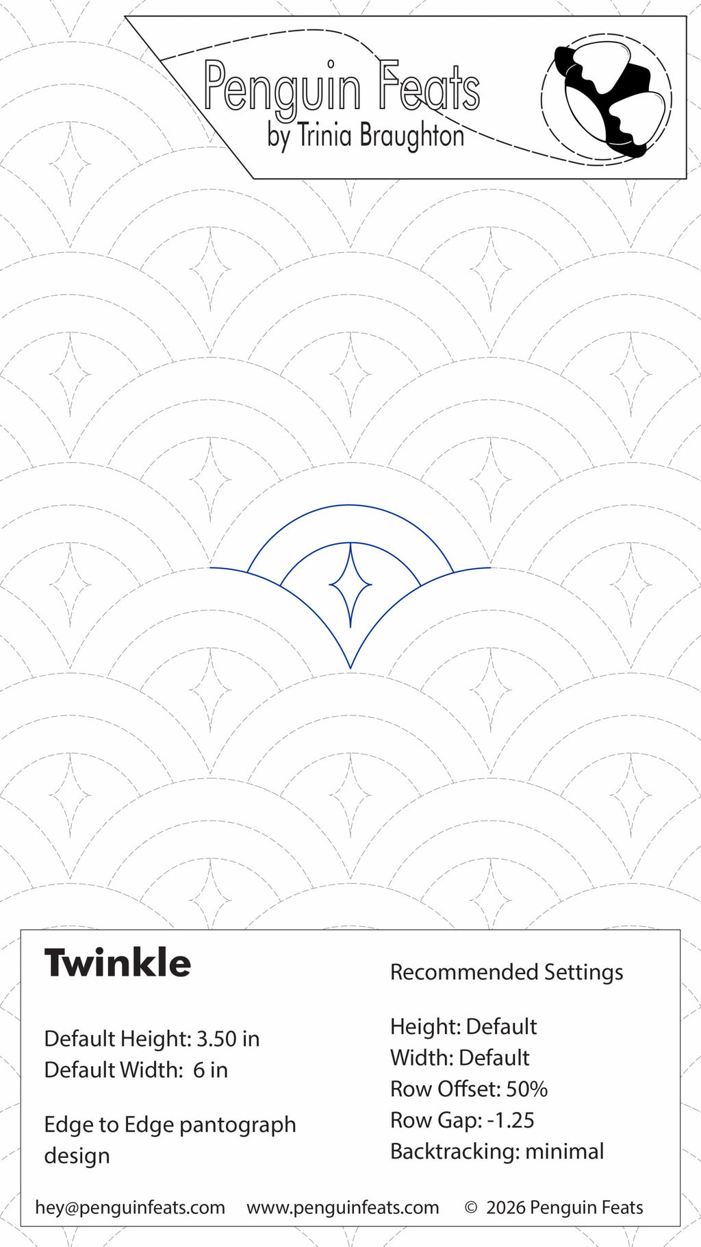 Design settings for Twinkle pattern with Penguin Feats by Trinia Braughton logo.