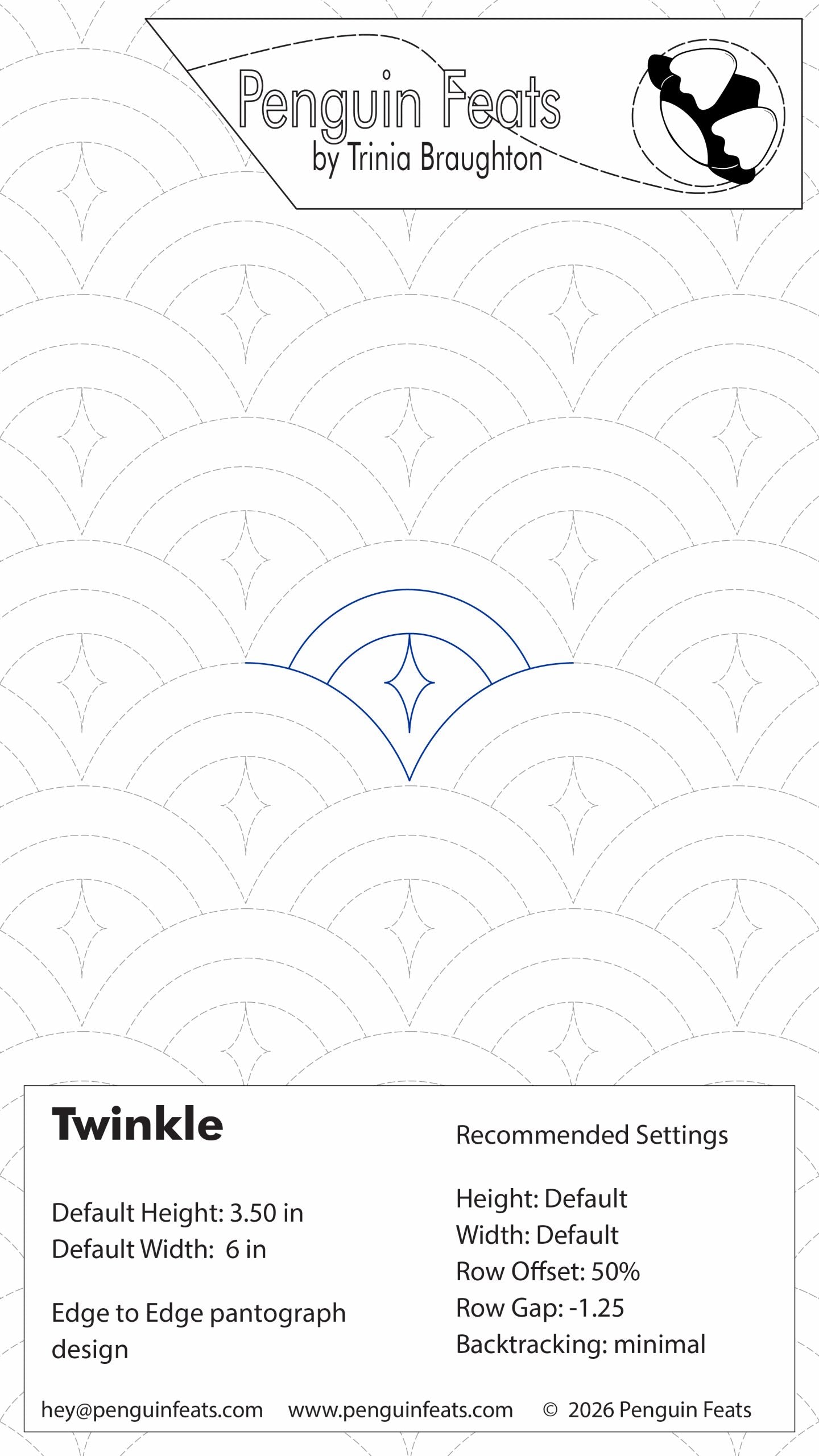 Design settings for Twinkle pattern with Penguin Feats by Trinia Braughton logo.