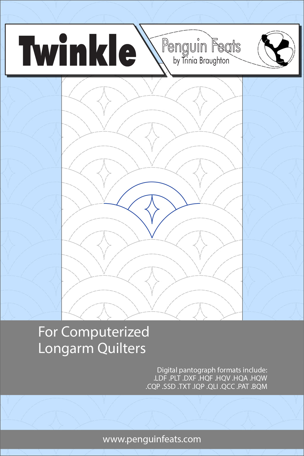 Quilting design sheet titled 'Twinkle' by Penguin Feats on a light blue background.