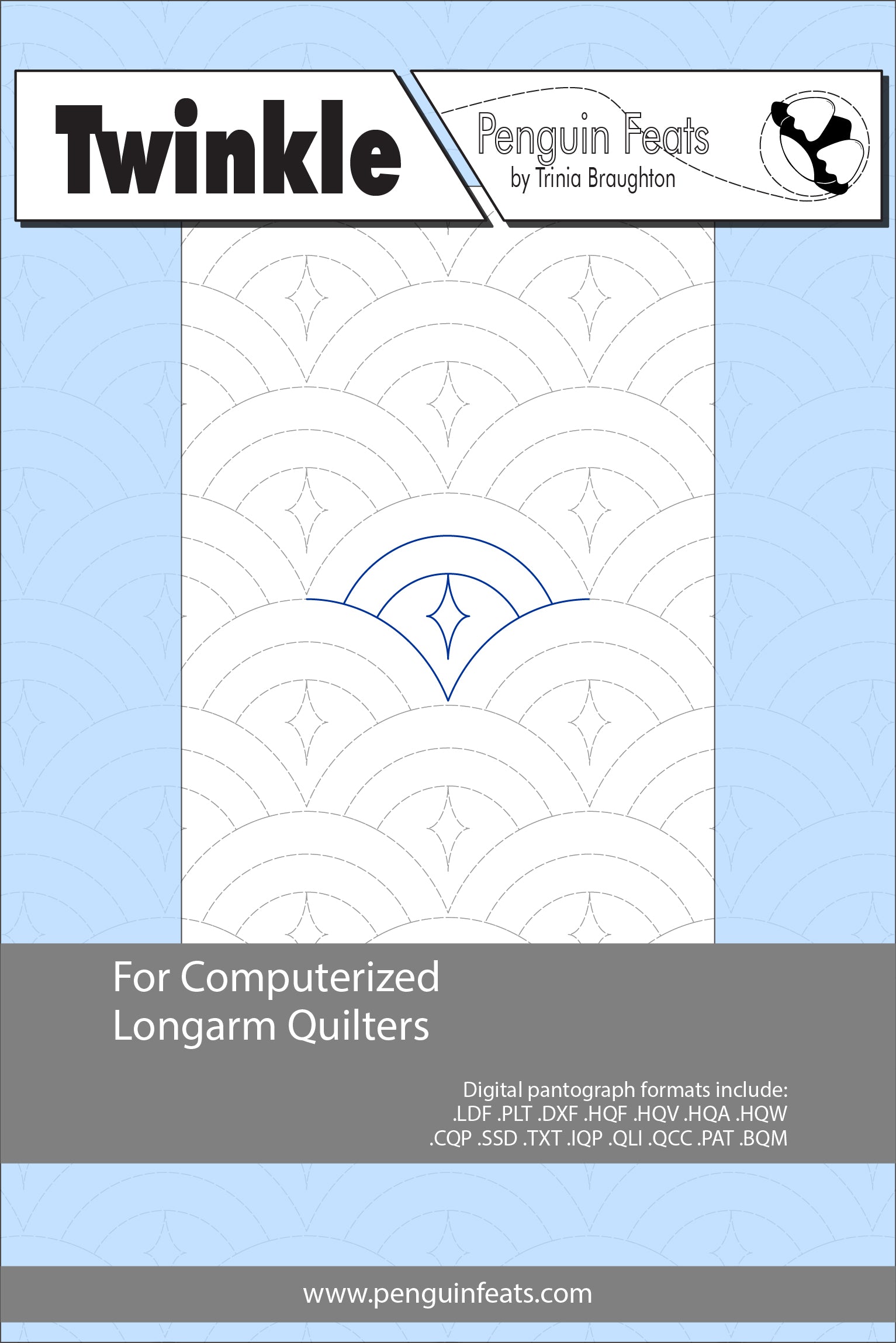 Quilting design sheet titled 'Twinkle' by Penguin Feats on a light blue background.