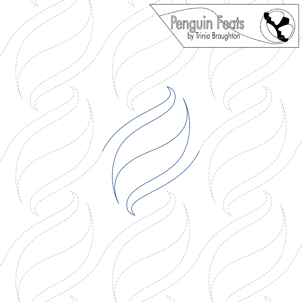continuous line in blue with wavy lines on a white background, featuring the brand 'Penguin Feats' by Trinia Braughton.