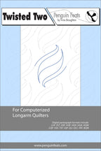 Quilting design with blue wave design on a light gray background, featuring 'Twisted Two' by Penguin Feats.