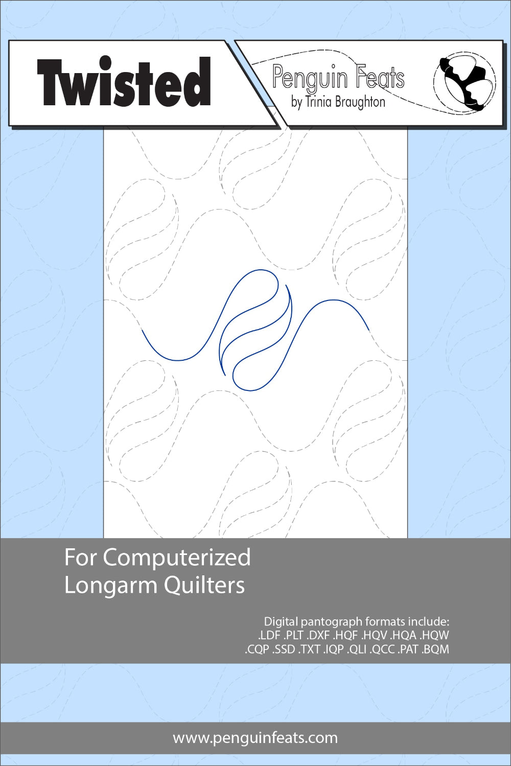 Quilting design software package for computerized longarm quilters with a blue and gray background.