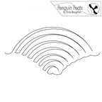 Continuous line design of arcing lines in a fan shape with 'Penguin Feats by Trinia Braughton' logo.