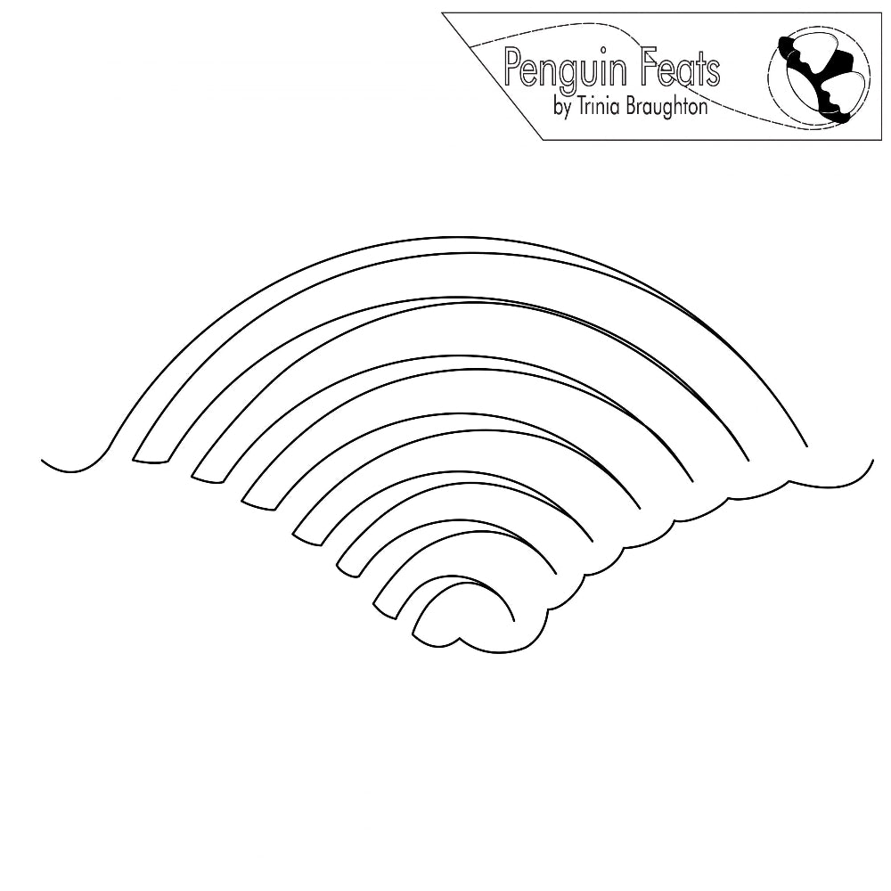 Continuous line design of arcing lines in a fan shape with 'Penguin Feats by Trinia Braughton' logo.