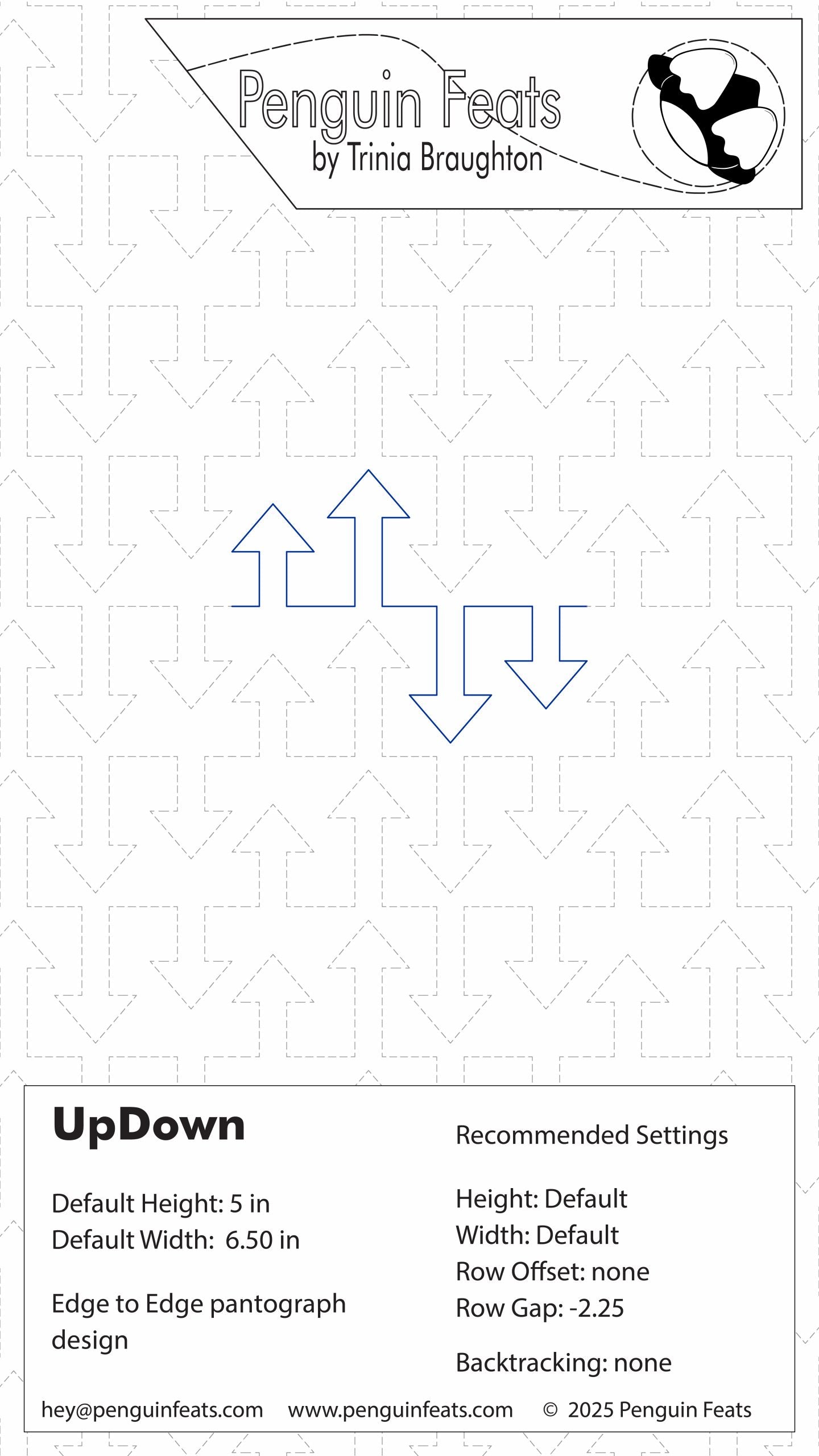 Penguin Feats UpDown design sheet with settings and branding information.