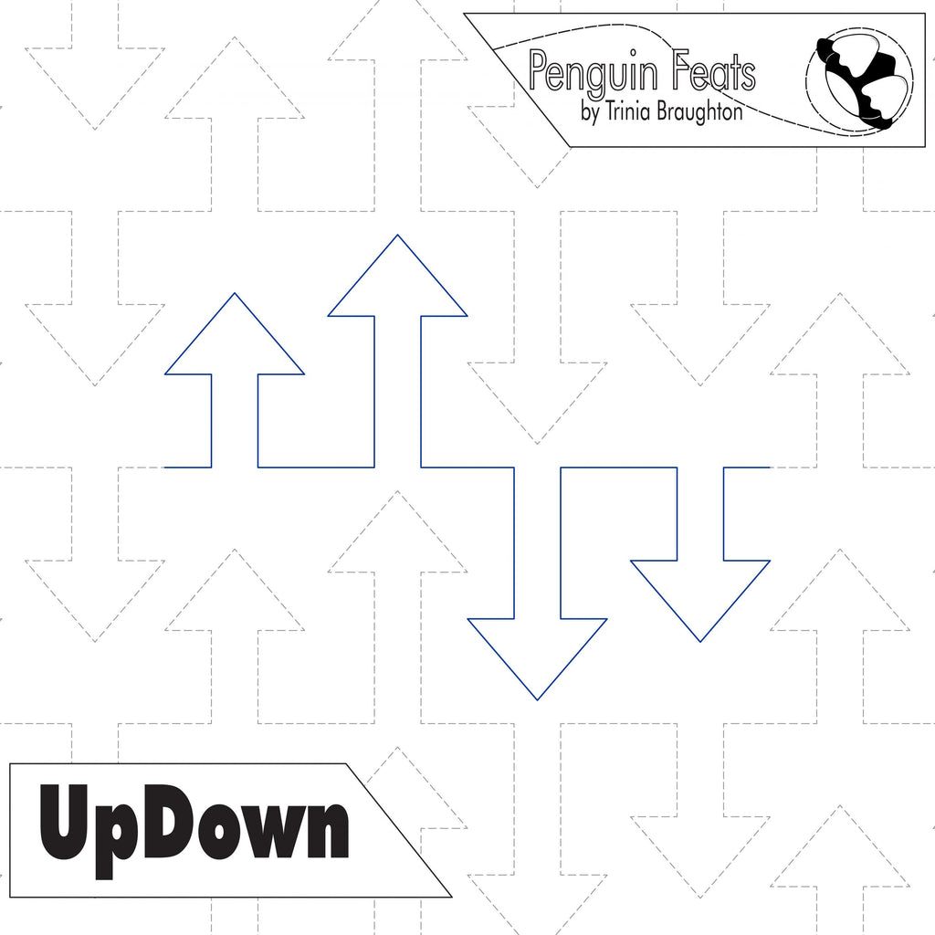 Pattern of blue arrows on a white background with 'Penguin Feats' branding.