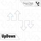 Pattern of blue arrows on a white background with 'Penguin Feats' branding.