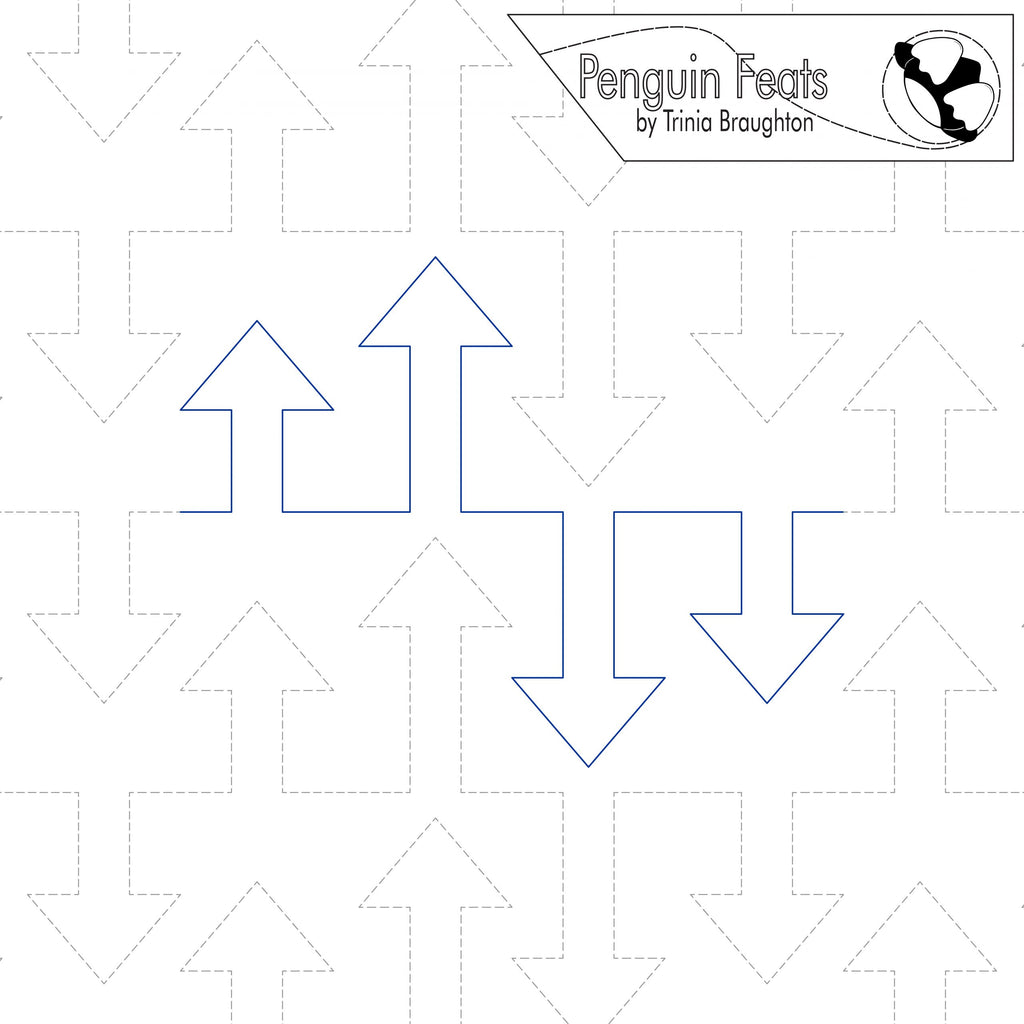 Pattern of blue arrows on a white background with 'Penguin Feats' branding.