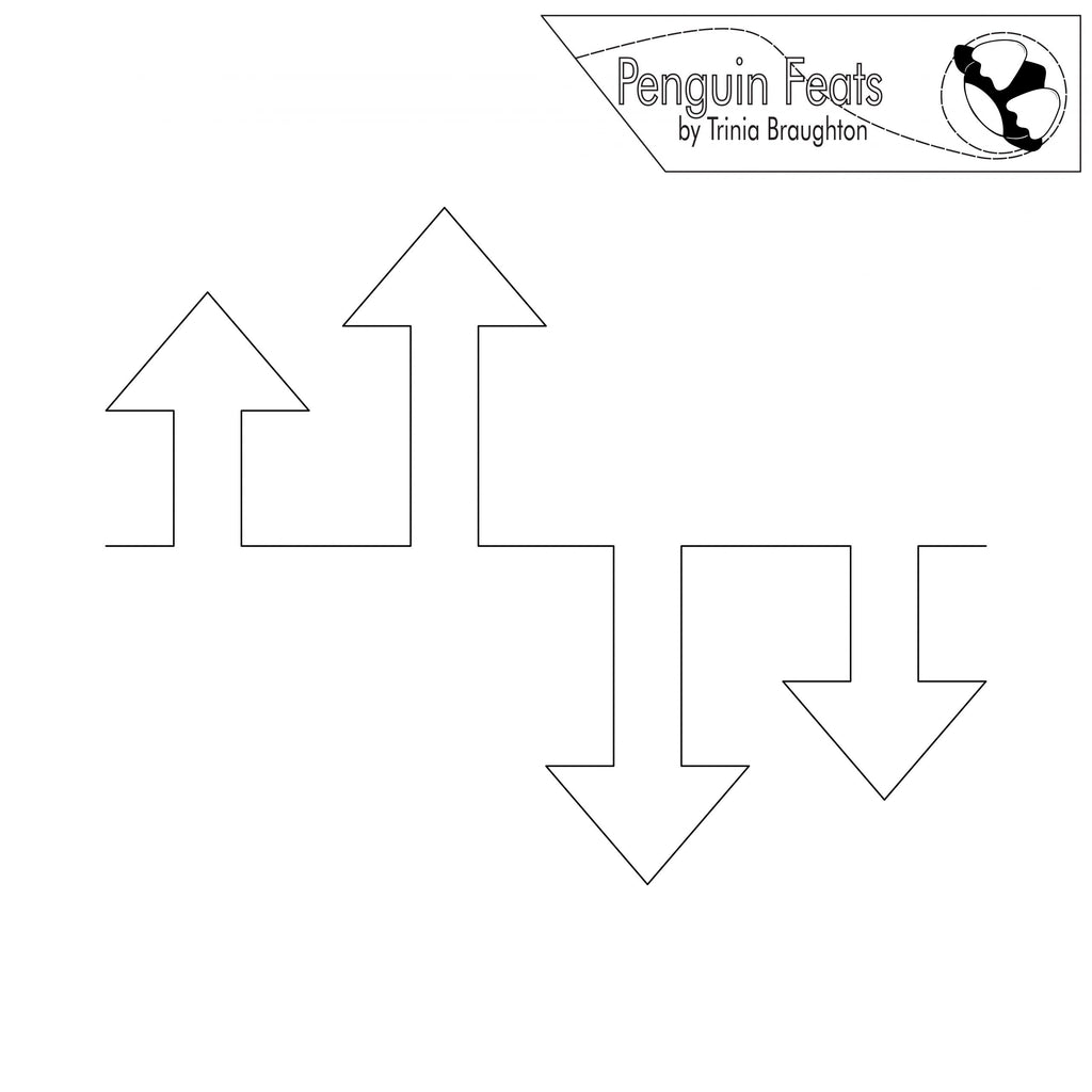 Black and white line art of arrows with 'Penguin Feats' logo at the top.