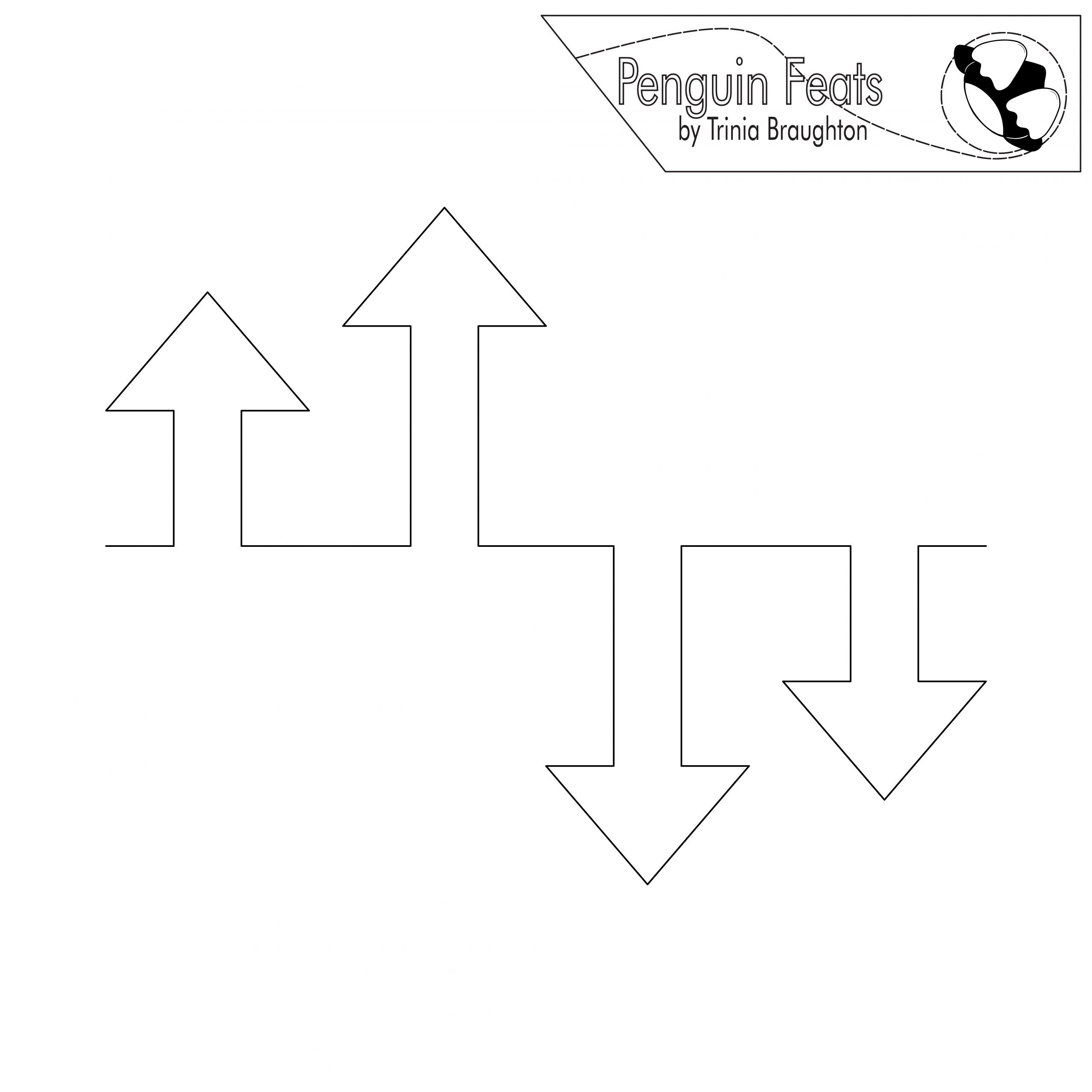 Black and white line art of arrows with 'Penguin Feats' logo at the top.