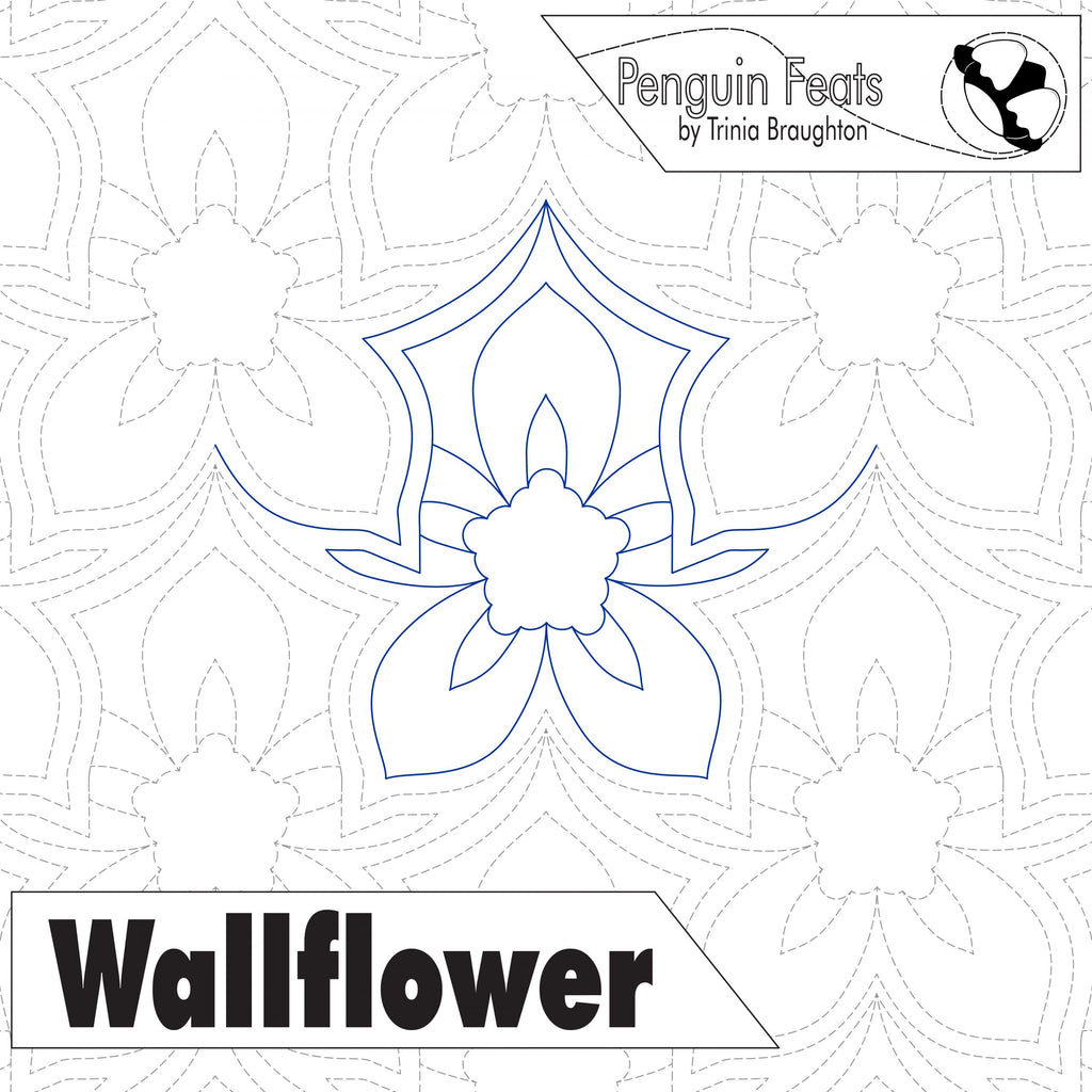Quilting pantograph with 'Wallflower' design and 'Penguin Feats' branding on a white background.