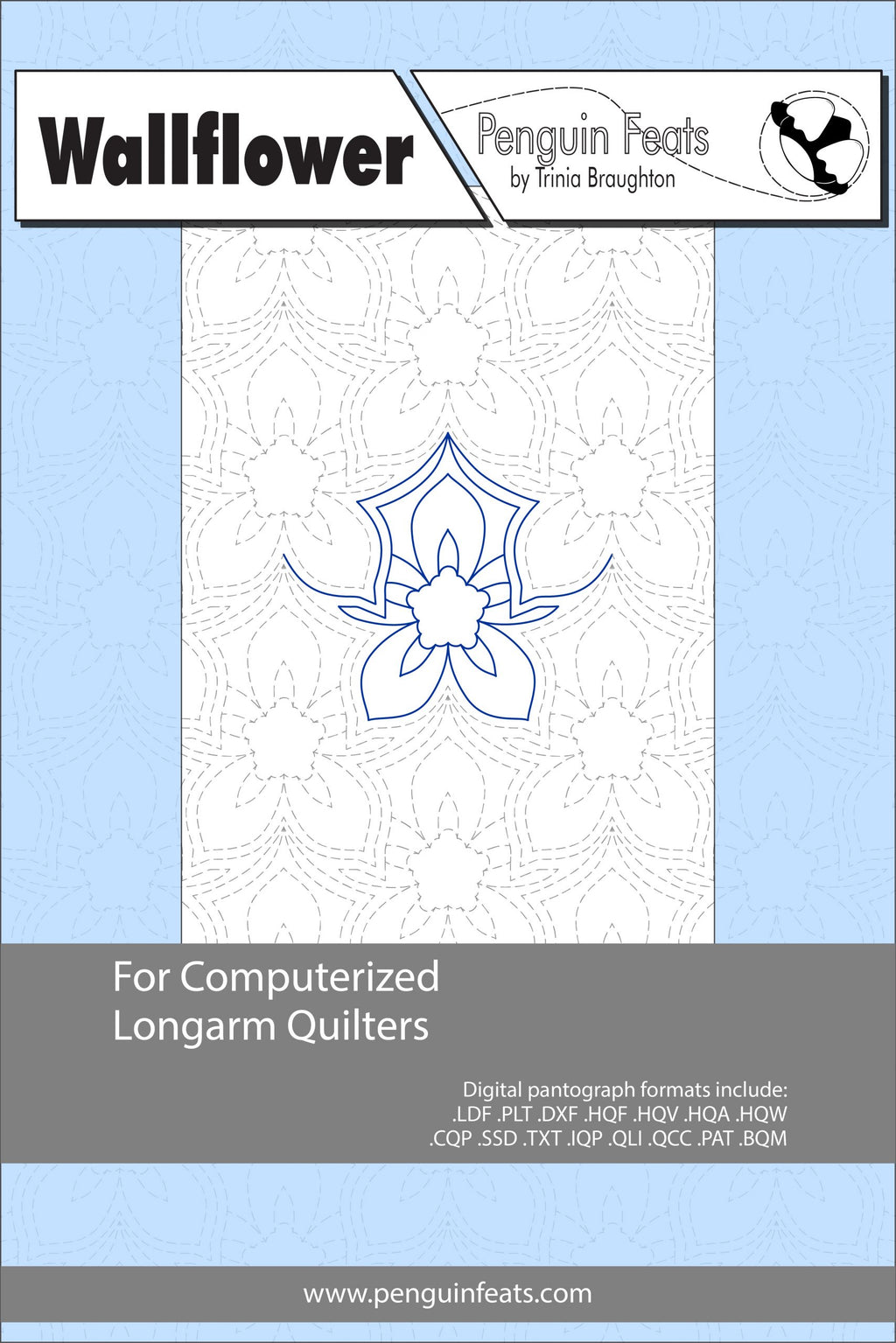 Pattern sheet for computerized longarm quilters with a floral design on a light blue background.