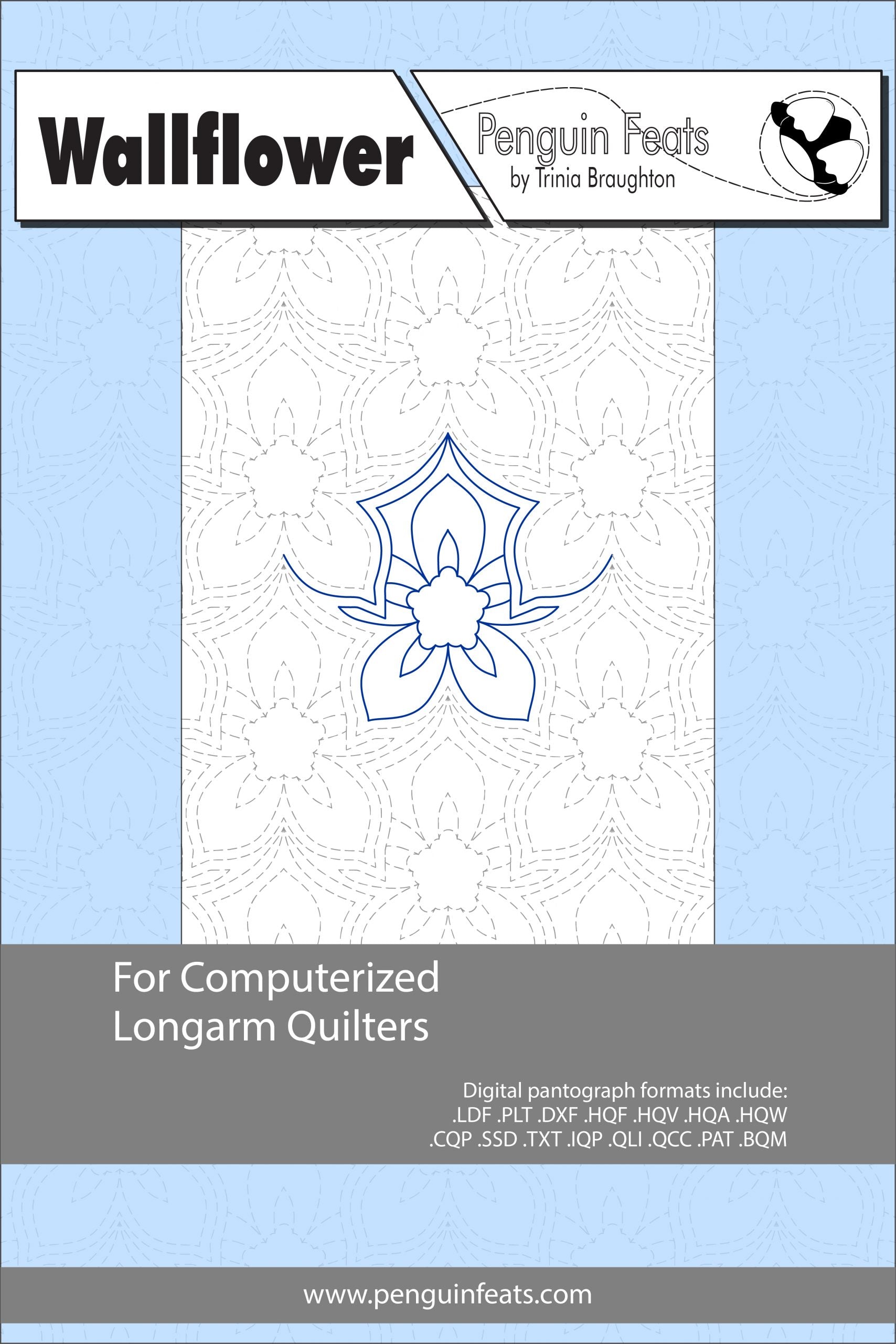 Pattern sheet for computerized longarm quilters with a floral design on a light blue background.
