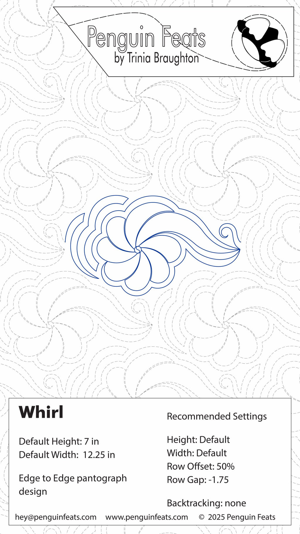 Quilting design sheet for 'Whirl' by Trinia Braughton with design and setting information.