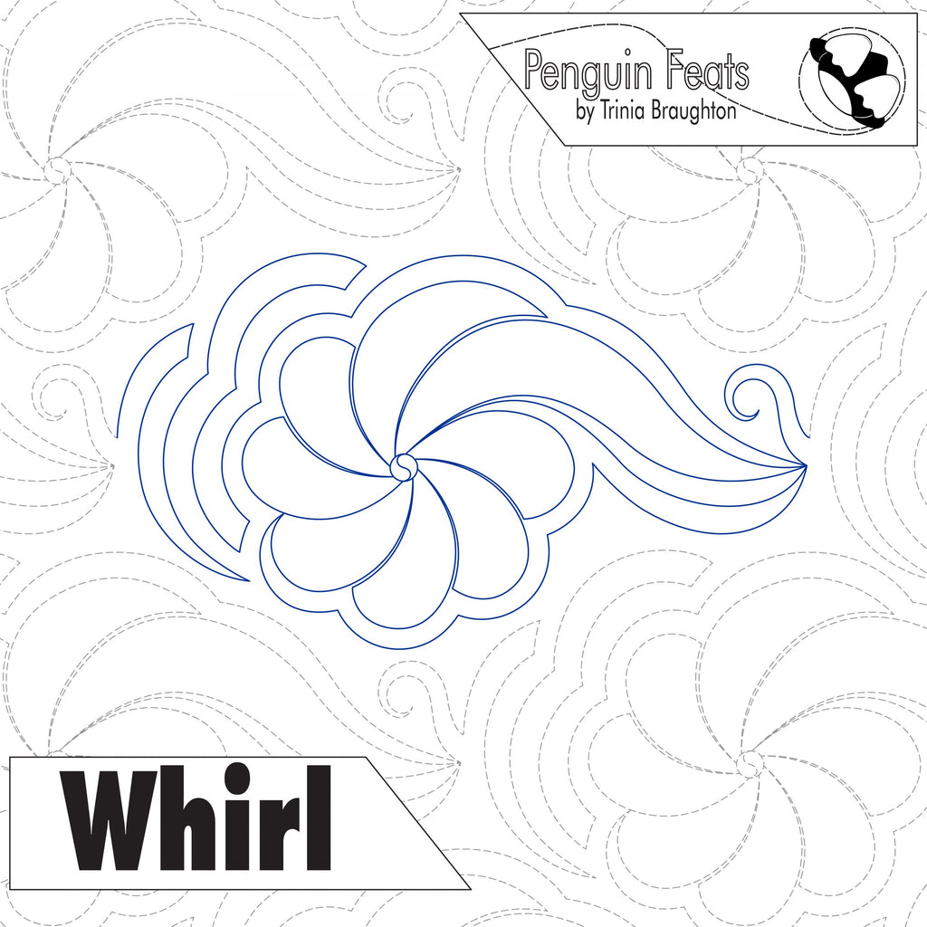 spiral swirl design in continuous line titled Whirl with Penguin Feats branding