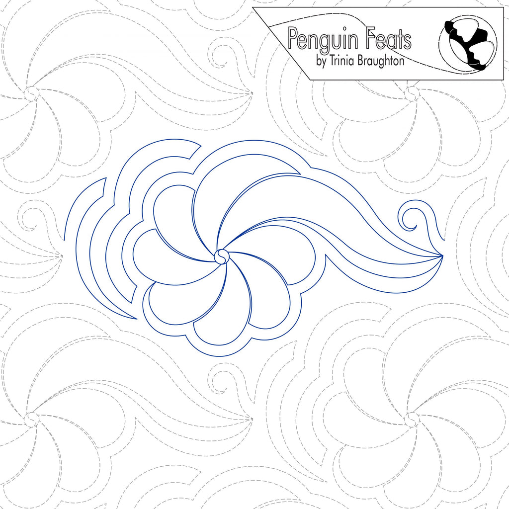 Quilting pantograph design with swirling  floral pattern and 'Penguin Feats' branding