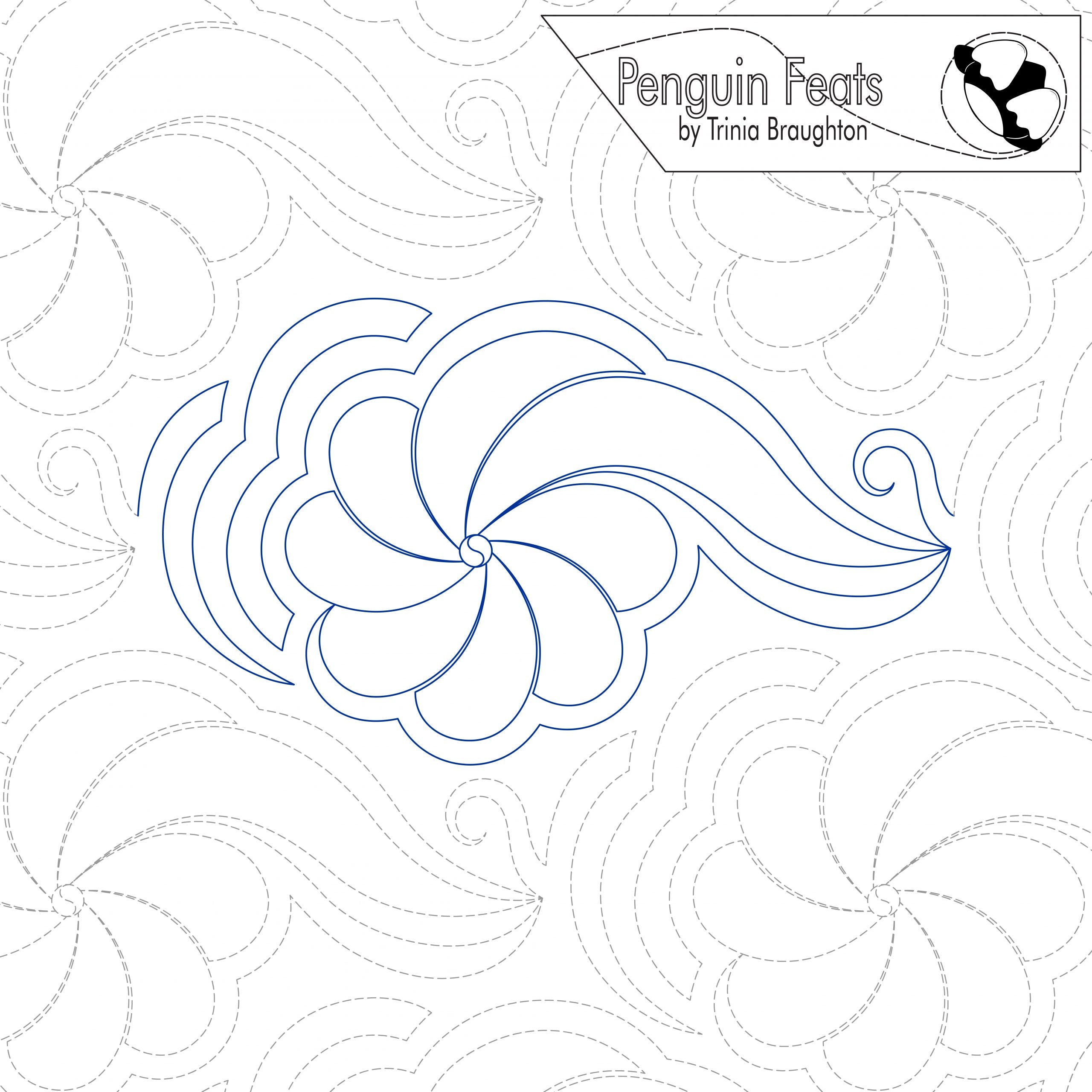 Quilting pantograph design with swirling  floral pattern and 'Penguin Feats' branding