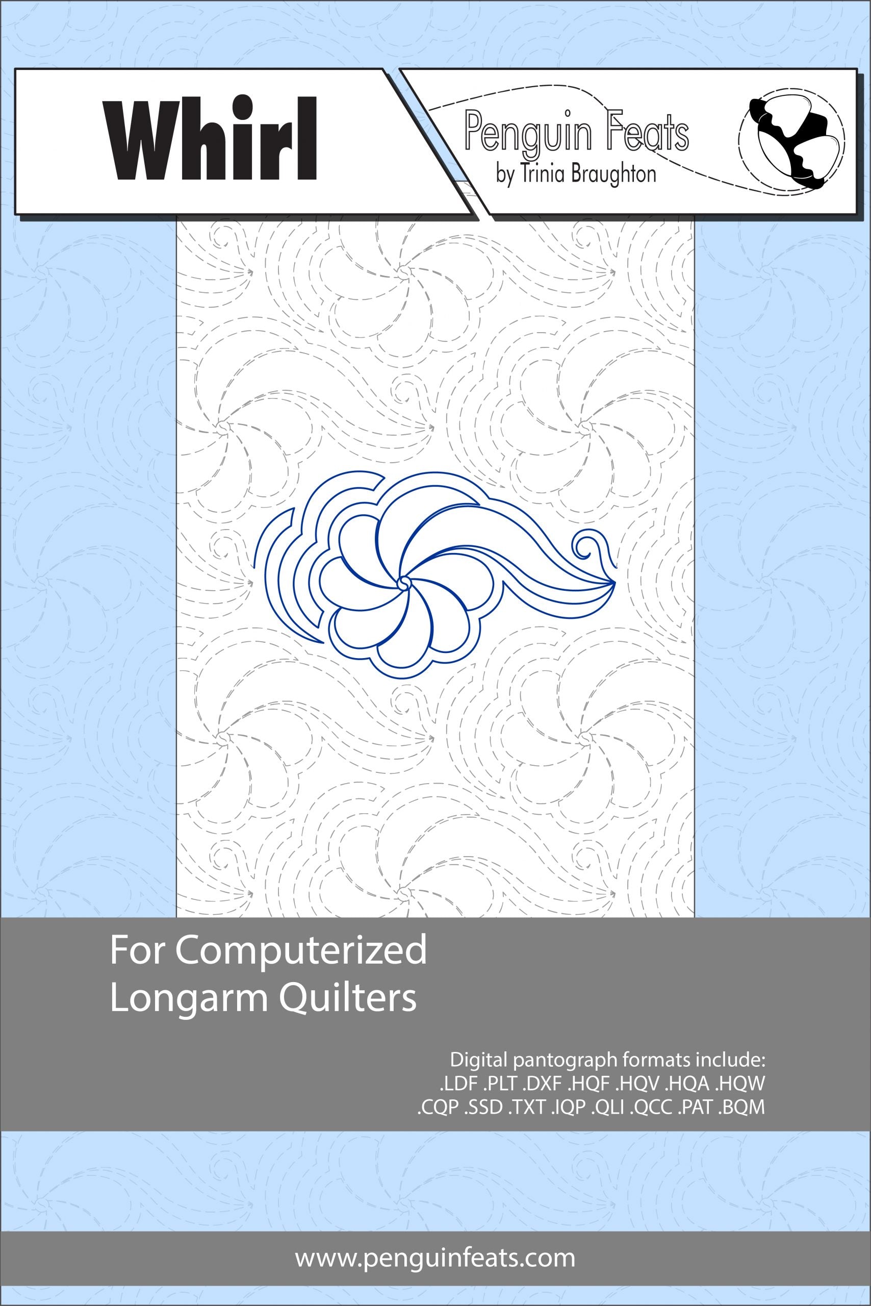 Quilting design sheet for computerized longarm quilters with a blue and gray color scheme.