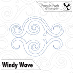 Quilting design 'Windy Wave' continuous line waves with swirls and 'Penguin Feats' branding.