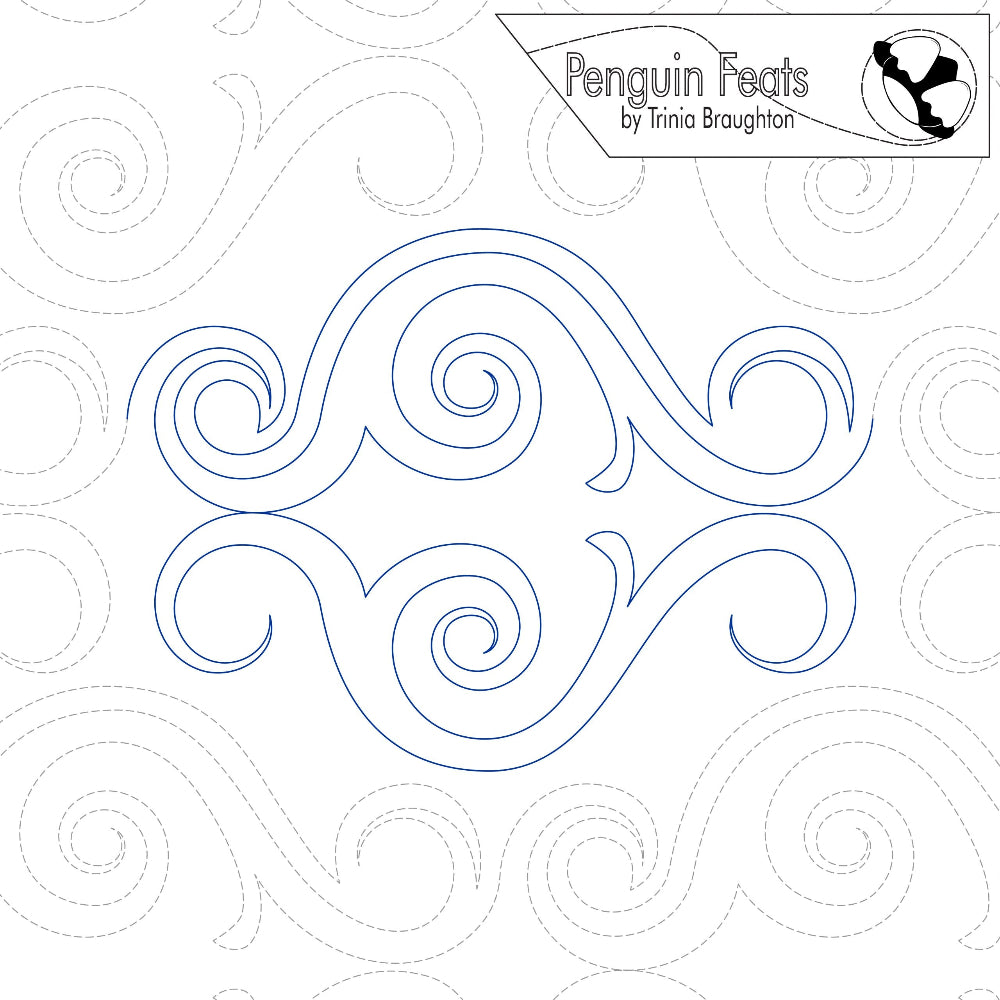 Wave and swirl quilting pattern with 'Penguin Feats' by Trinia Braughton logo at the top.