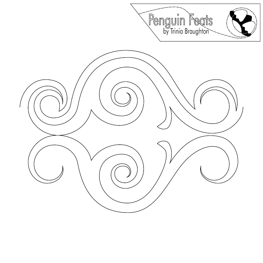 Decorative swirl design with 'Penguin Feats' logo at the top right corner.