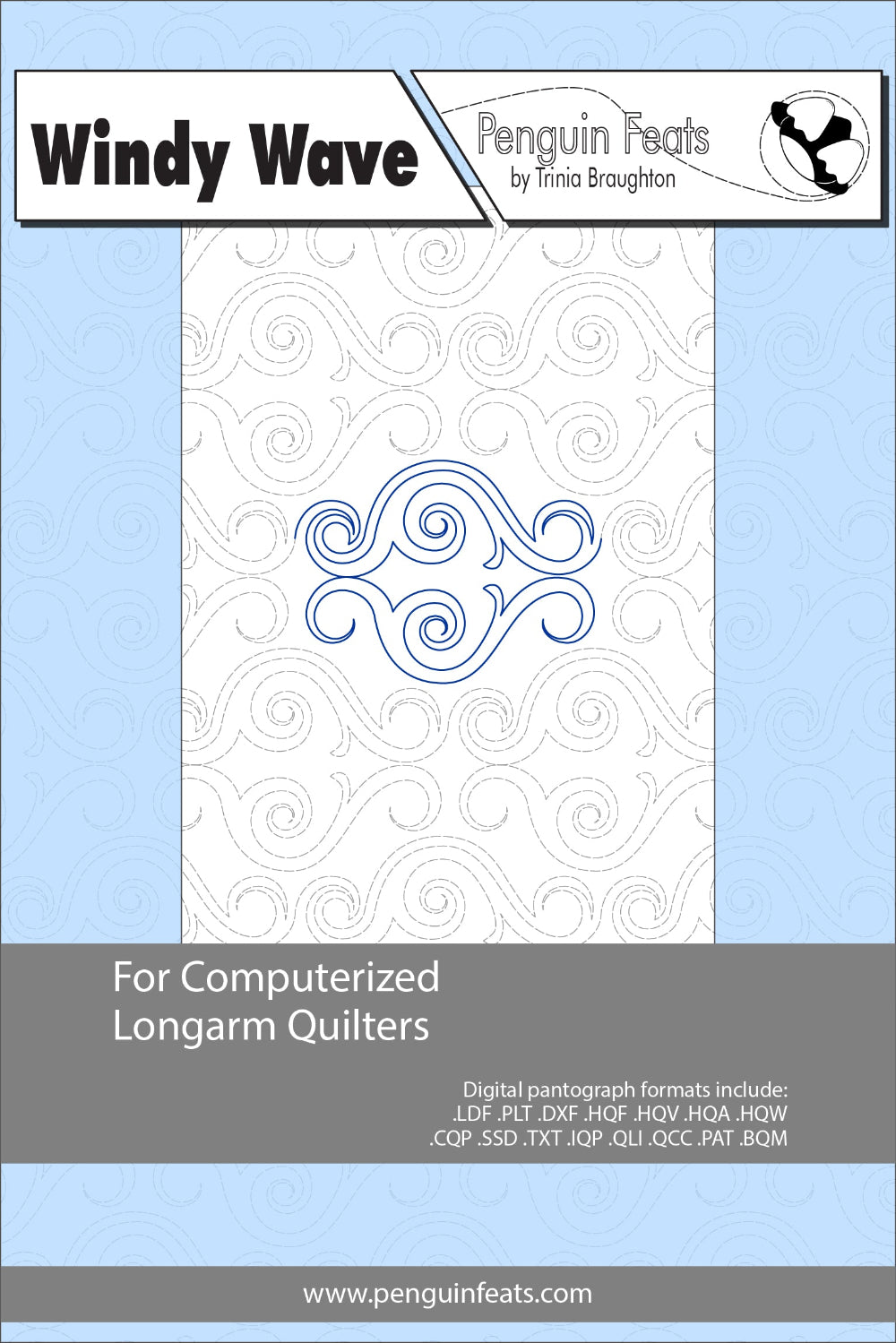Design page for computerized longarm quilters with a blue and gray design on a light blue background.