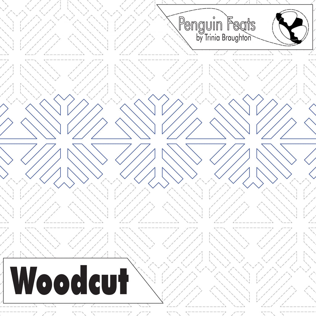 Geometric pattern with 'Penguin Feats' and 'Woodcut' text on a white background