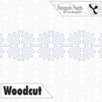 Geometric pattern with 'Penguin Feats' and 'Woodcut' text on a white background