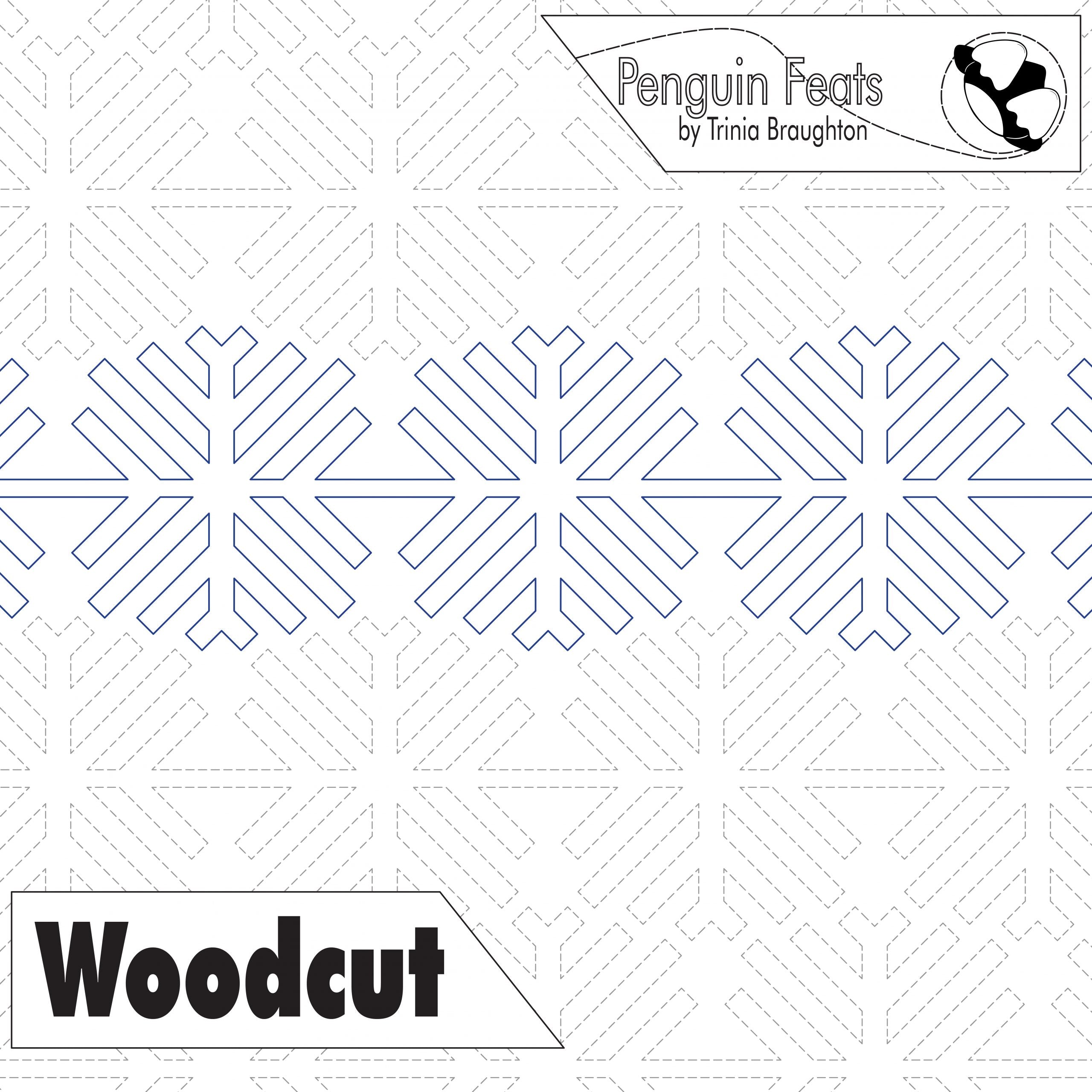 Geometric pattern with 'Penguin Feats' and 'Woodcut' text on a white background